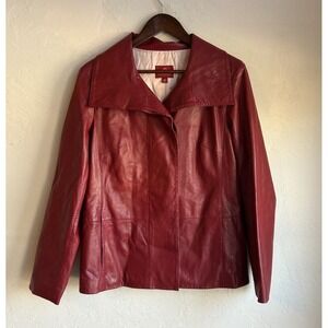 Cole Haan Red Lamb Skin Leather Jacket M Button Up Burgundy Luxury Classic
